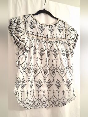 J. Crew White Blouse with Navy Embroidery